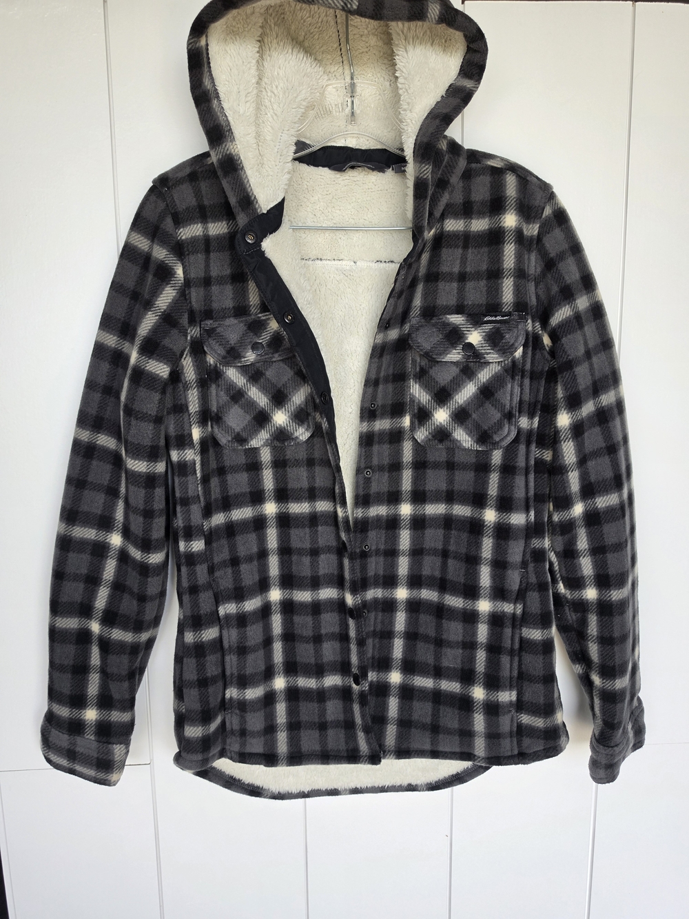 Eddie Bauer Plaid Sherpa-Lined Hooded Flannel Jacket - Black & Gray